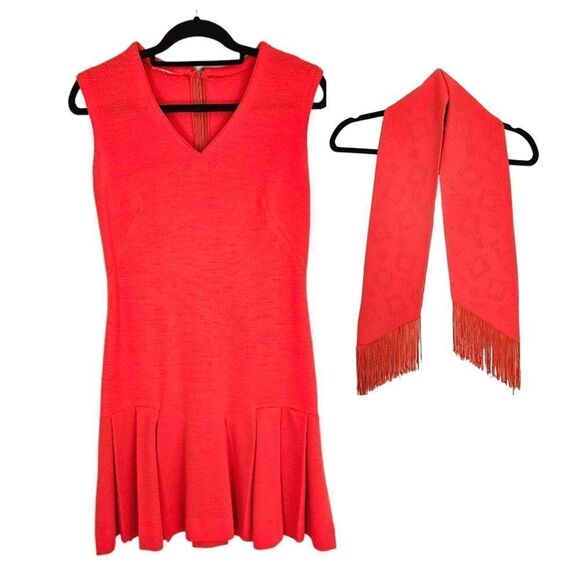 Vintage '60s Pleated Drop Waist Coral Sleeveless V-Neck Wool? Dress with Scarf 6 - Picture 1 of 15